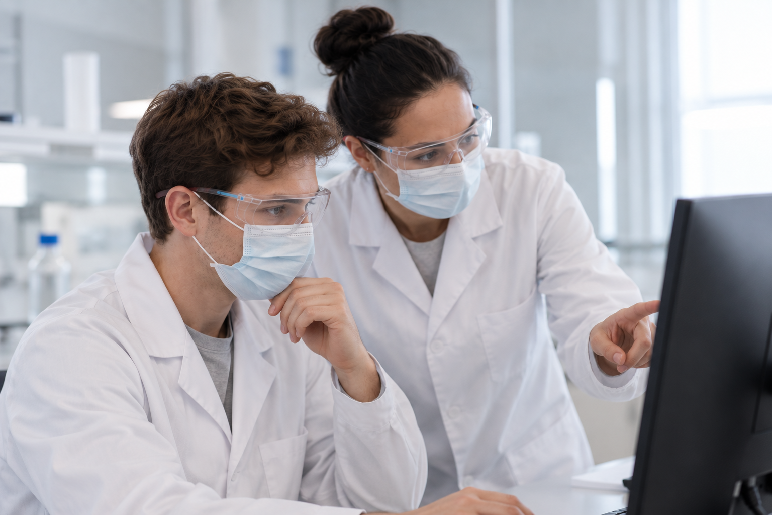 Two laboratory specialists reviewing information on a computer